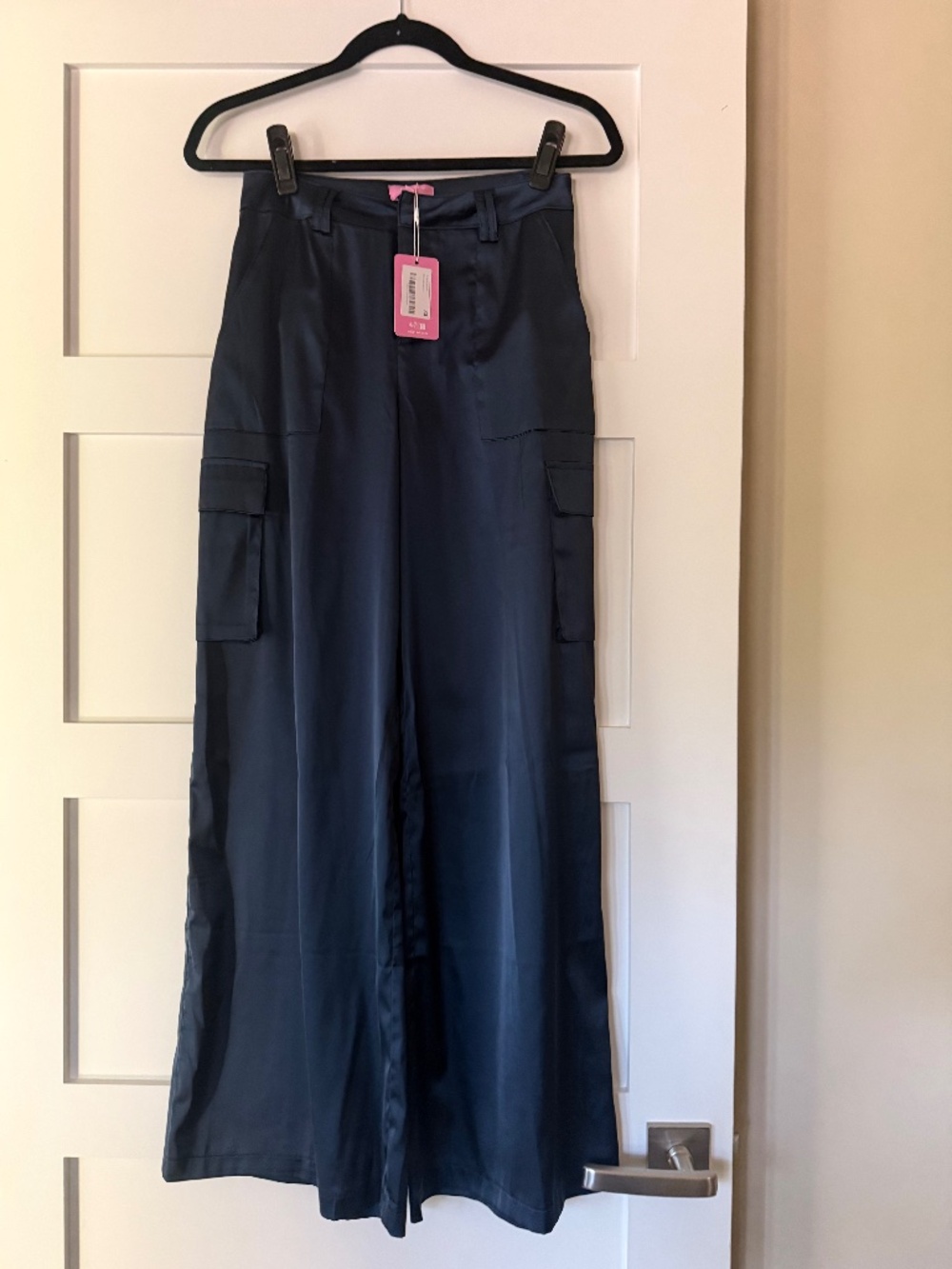 Edikted Navy Wide Leg Silk Cargo Pant
